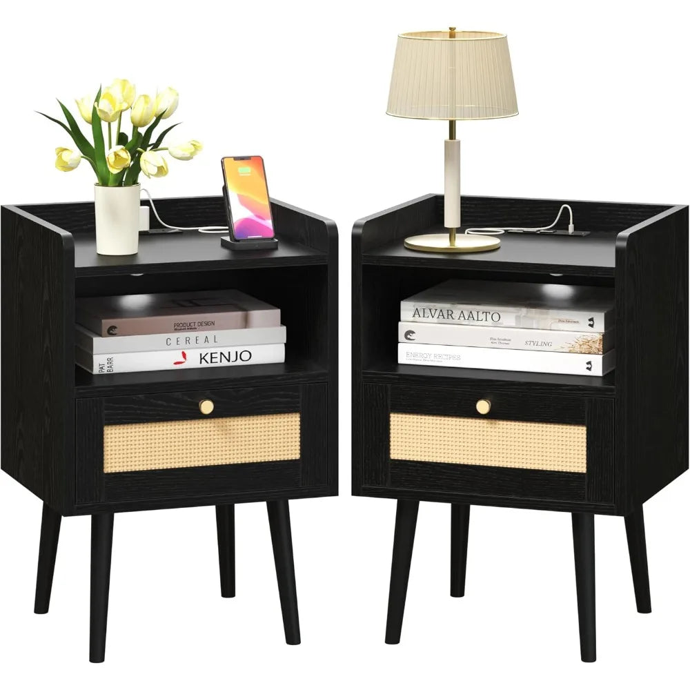 XIUWO Boho Nightstand Set With Charging Station Wood Legs