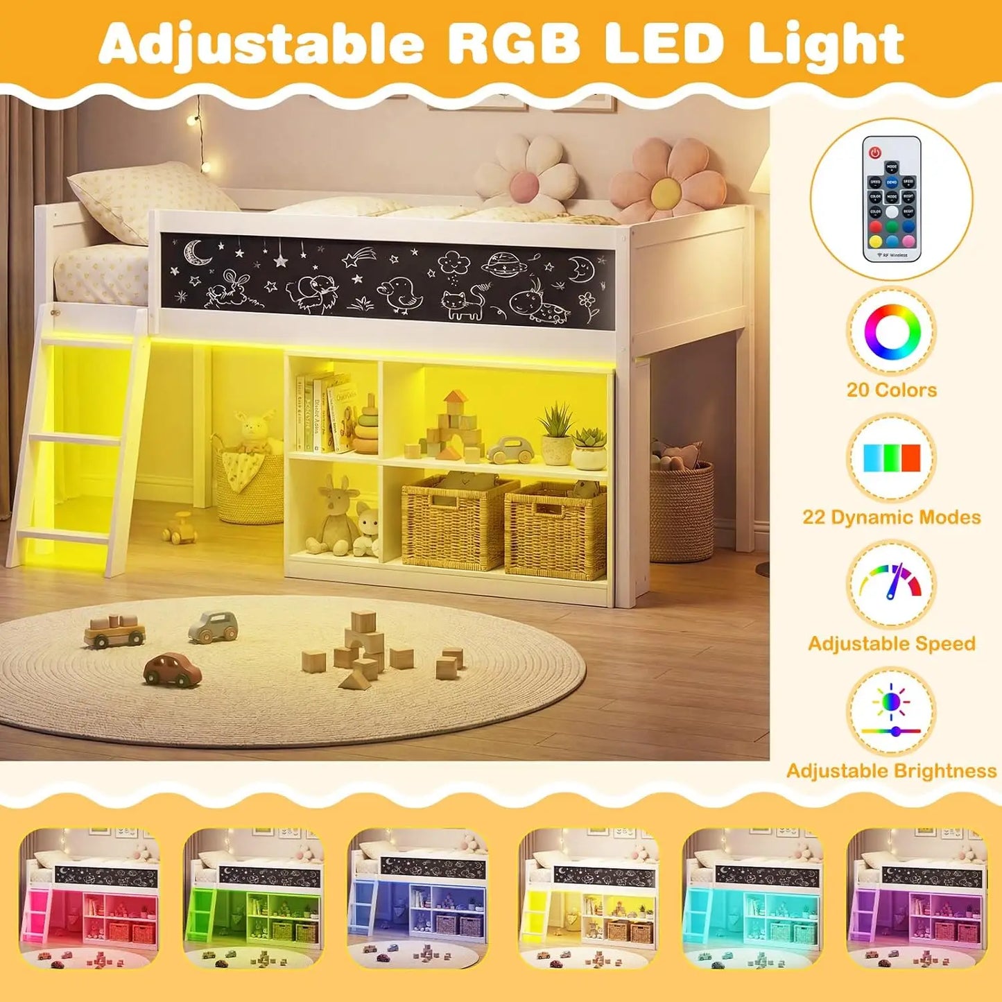 Wood Loft Bed With LED Lights Chalkboard Under-Bed Storage