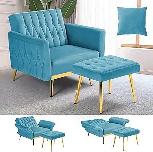Color Velvet Accent Chair With Adjustable Armrests And Ottoman