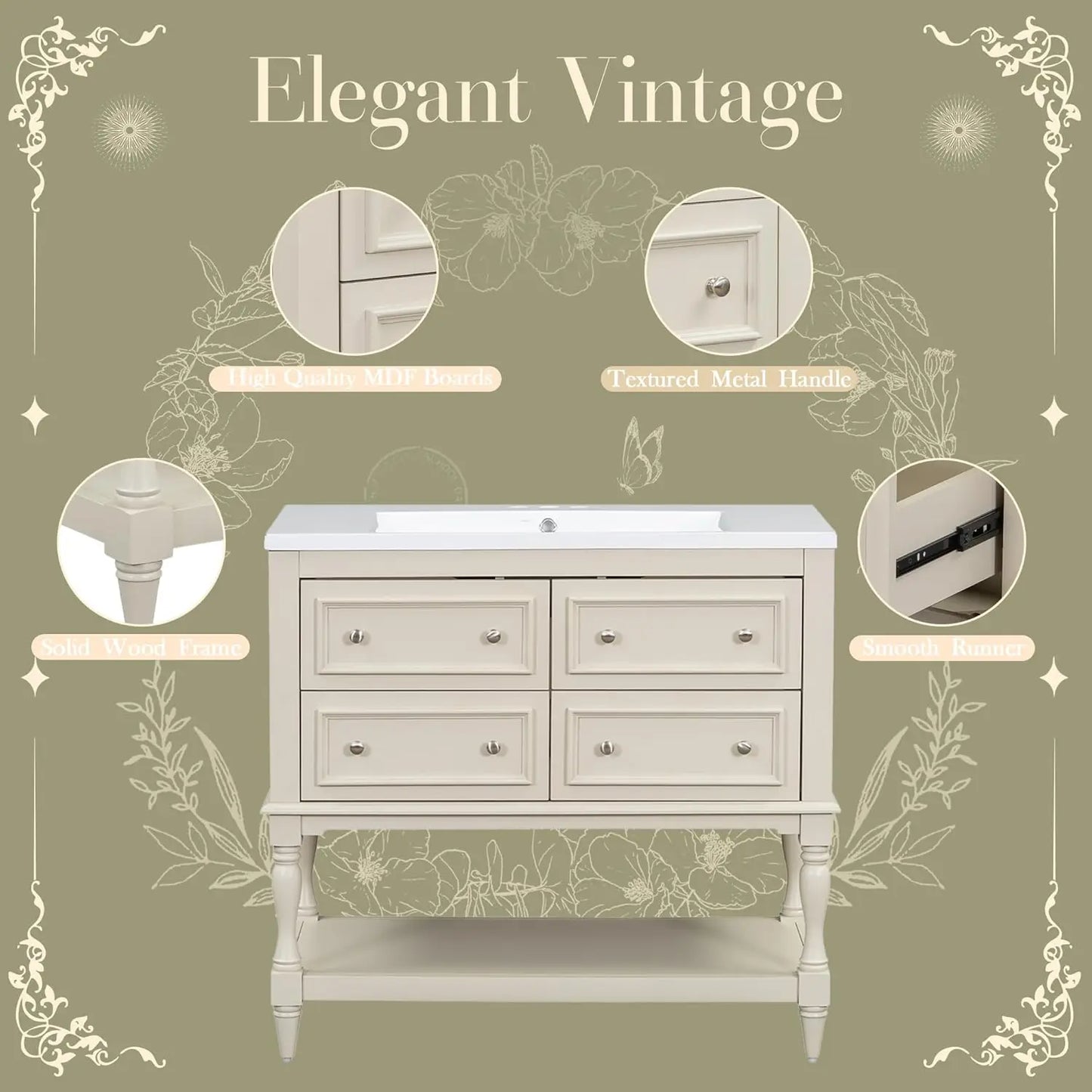 Bathroom Vanity Single Sink Freestanding Cabinet With 4 Drawers Open Shelf
