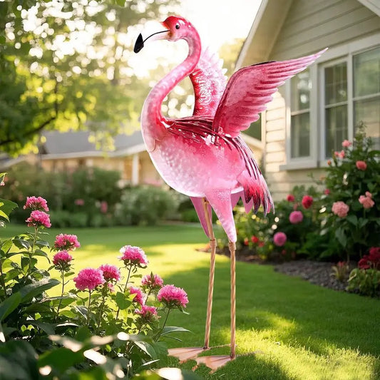 Garden Flamingo Statue Outdoor Metal Bird Sculpture Yard Art