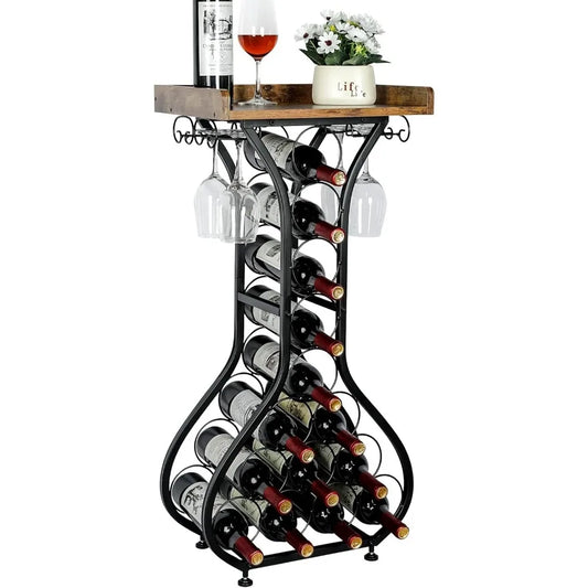 XIUWO Freestanding Wood Wine Rack With Glass Holder