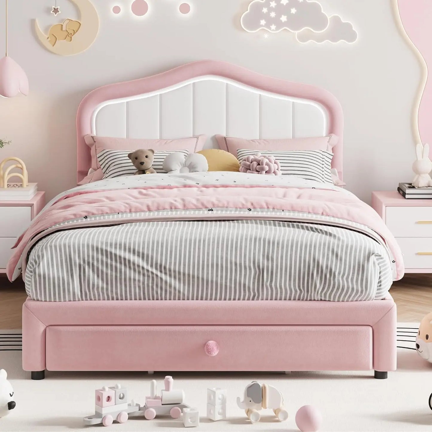 Studyset Kids Upholstered Bed Frame With LED Crown Headboard