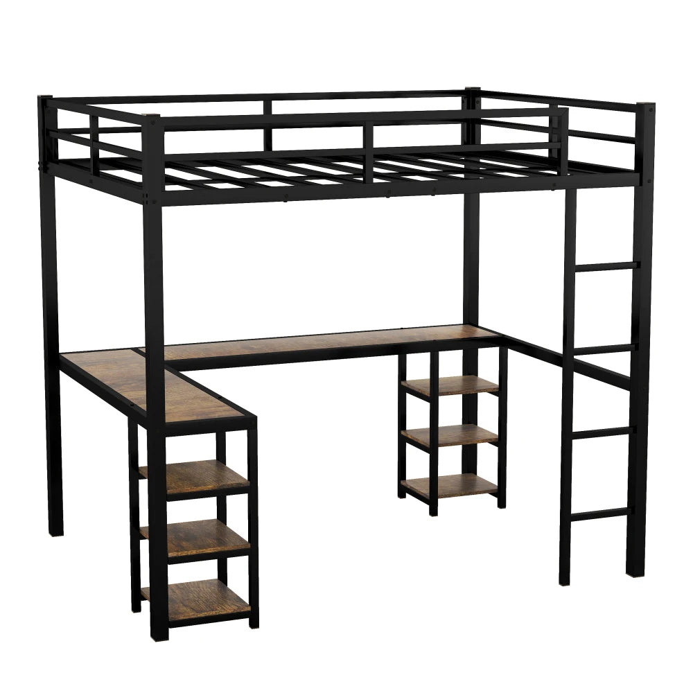 Hign Concerned Metal Loft Bed With Desk And Shelves