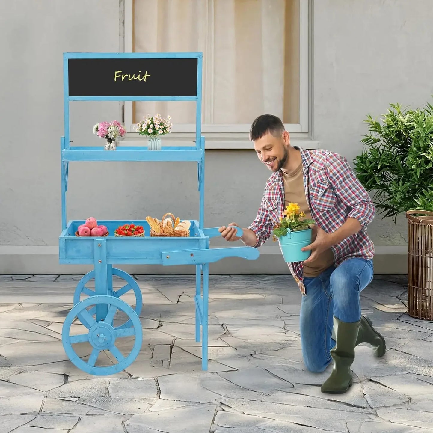 Three Tier Rolling Wood Cart For Flower Candy Display