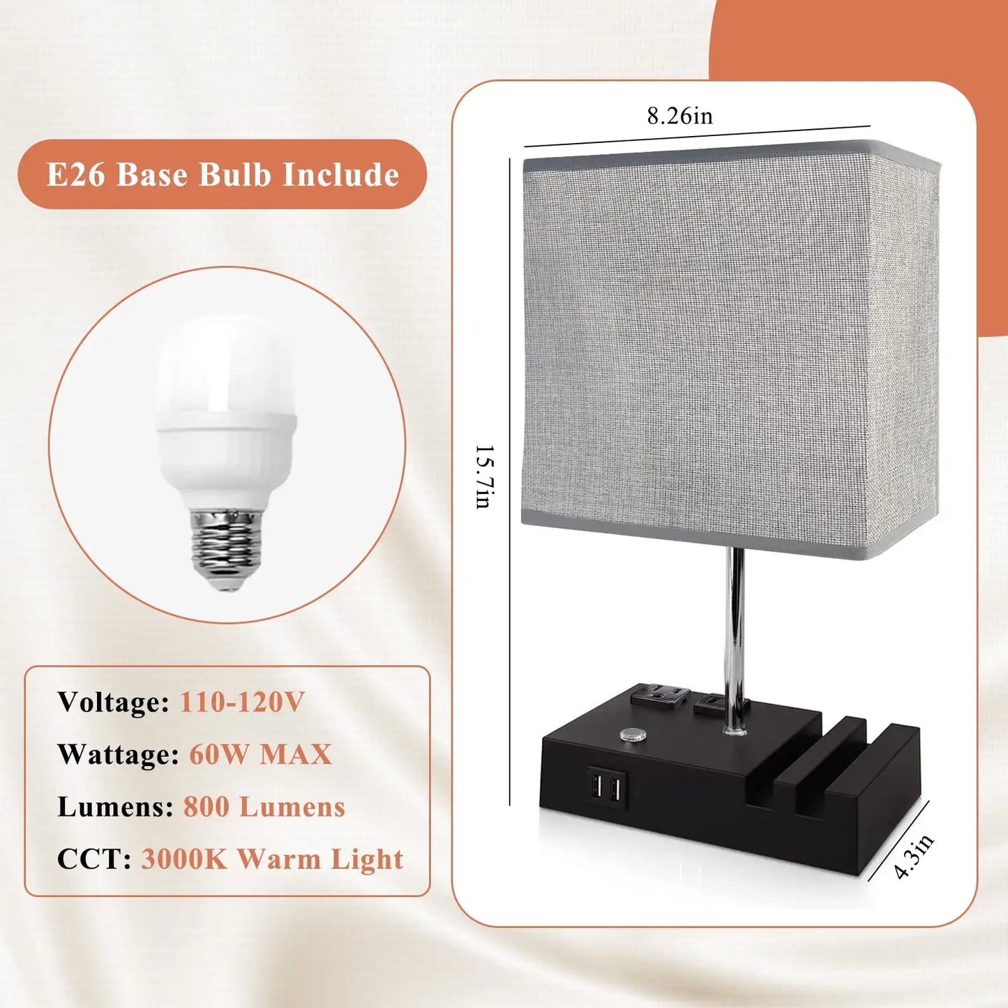 SZRSTH Bedside Table Lamp With Dual USB Charging Dimmable