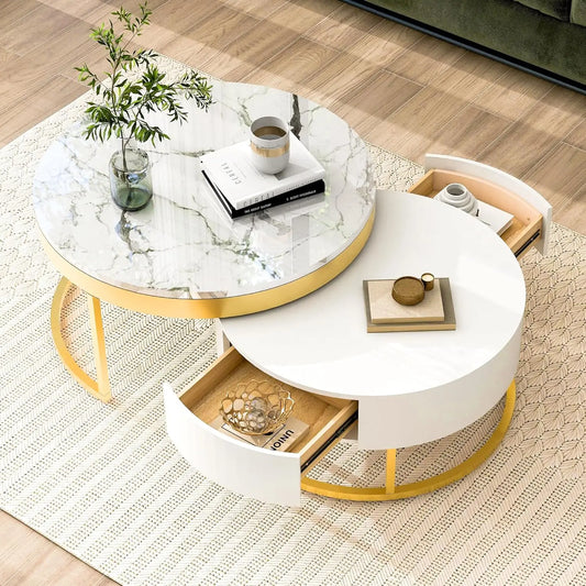 Modern Round Nesting Coffee Table with Drawers for Stylish Living Room Decor