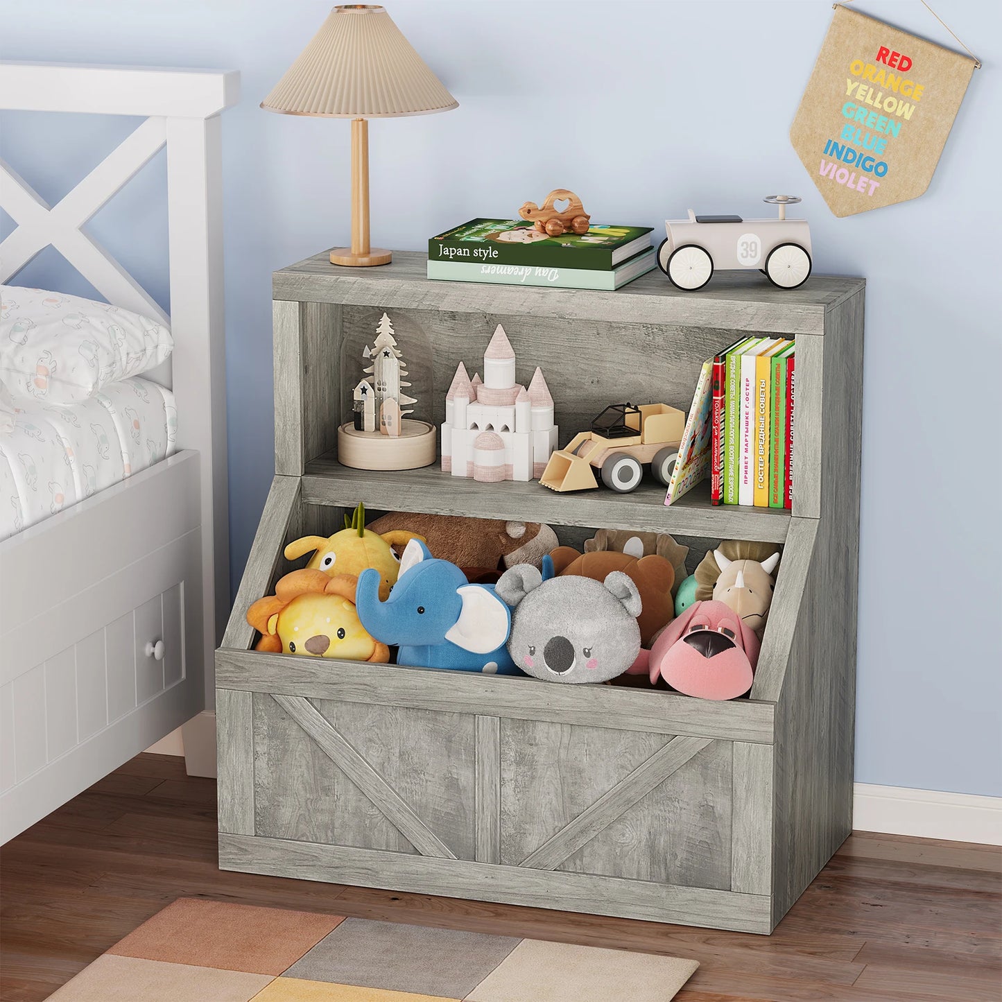 Kids Wooden Toy Storage Organizer With Cubby Bookcase Playroom