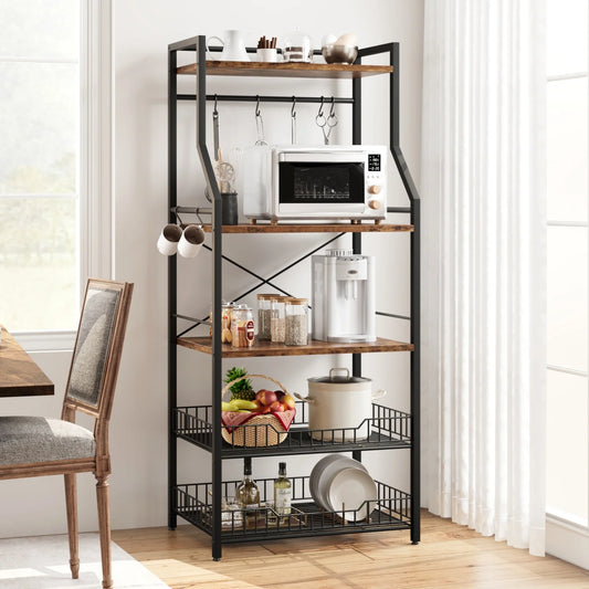 HiMISSH Kitchen Bakers Rack Microwave Stand With Baskets