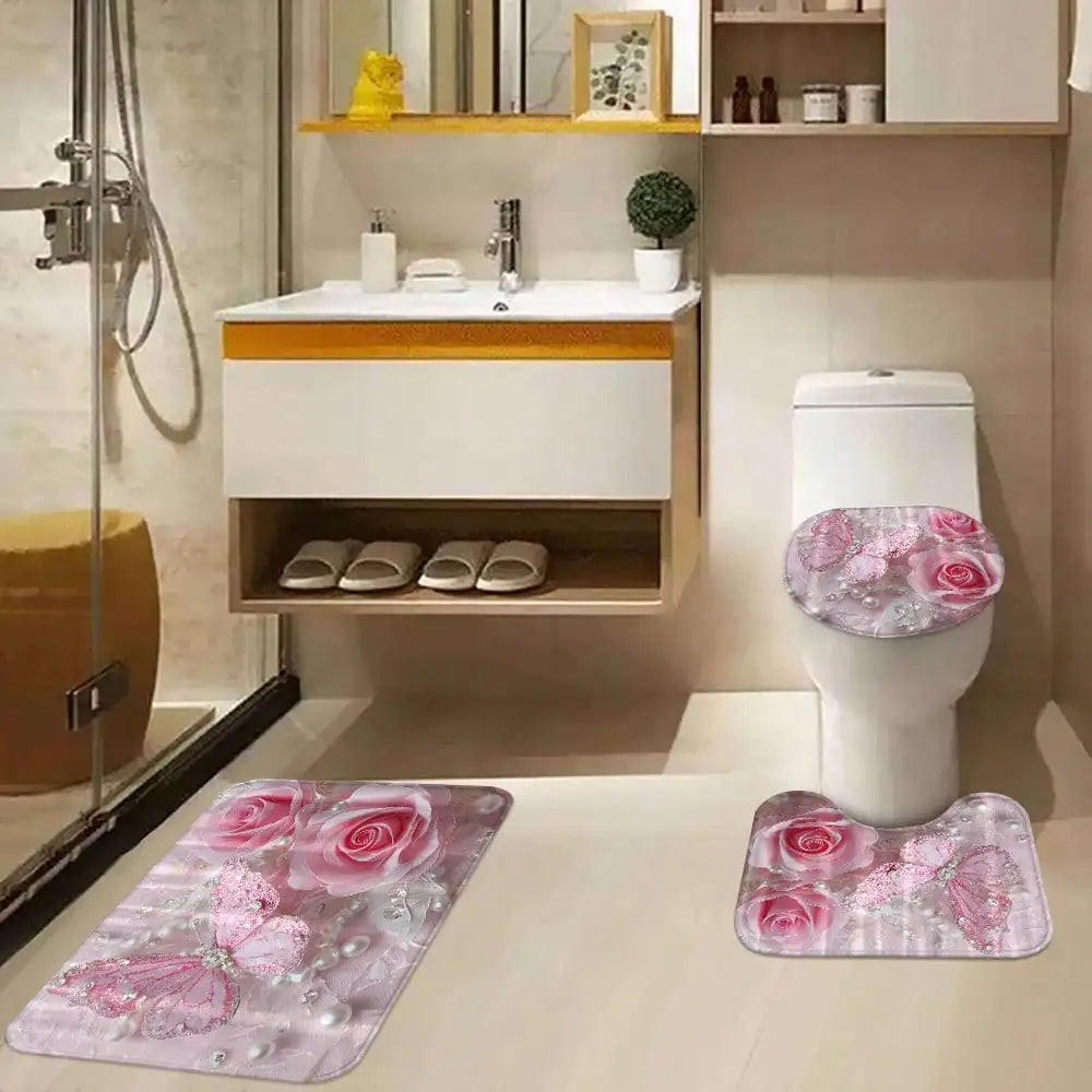 Elegant Butterfly Shower Curtain Bath Mat Set Toilet Seat