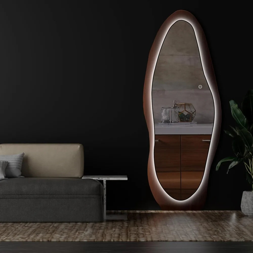 HUANHUI LED Wood Mirror With Lights Wall Mounted Indoor