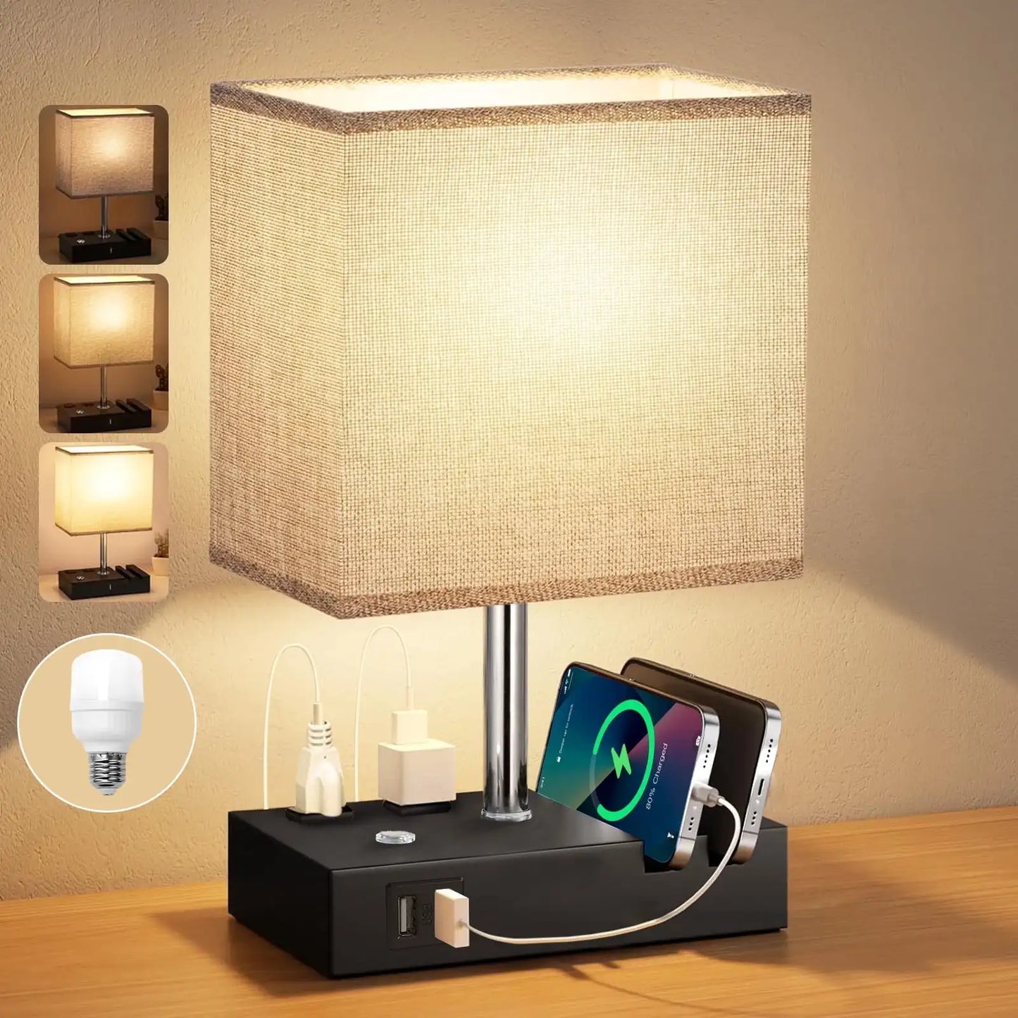 SZRSTH Bedside Table Lamp With Dual USB Charging Dimmable