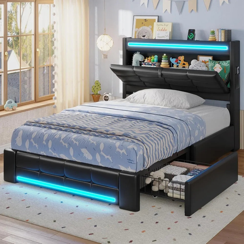 Adorneve Twin Bed Frame With Storage Headboard LED Charging