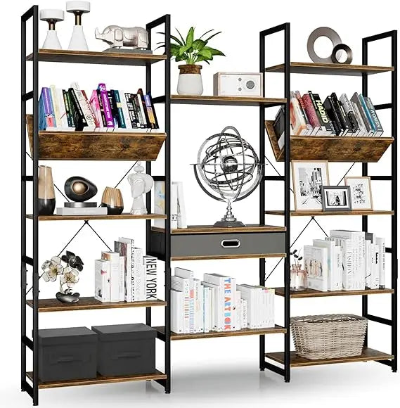 Triple Wide 5 Tier Bookshelf Rustic Industrial Style