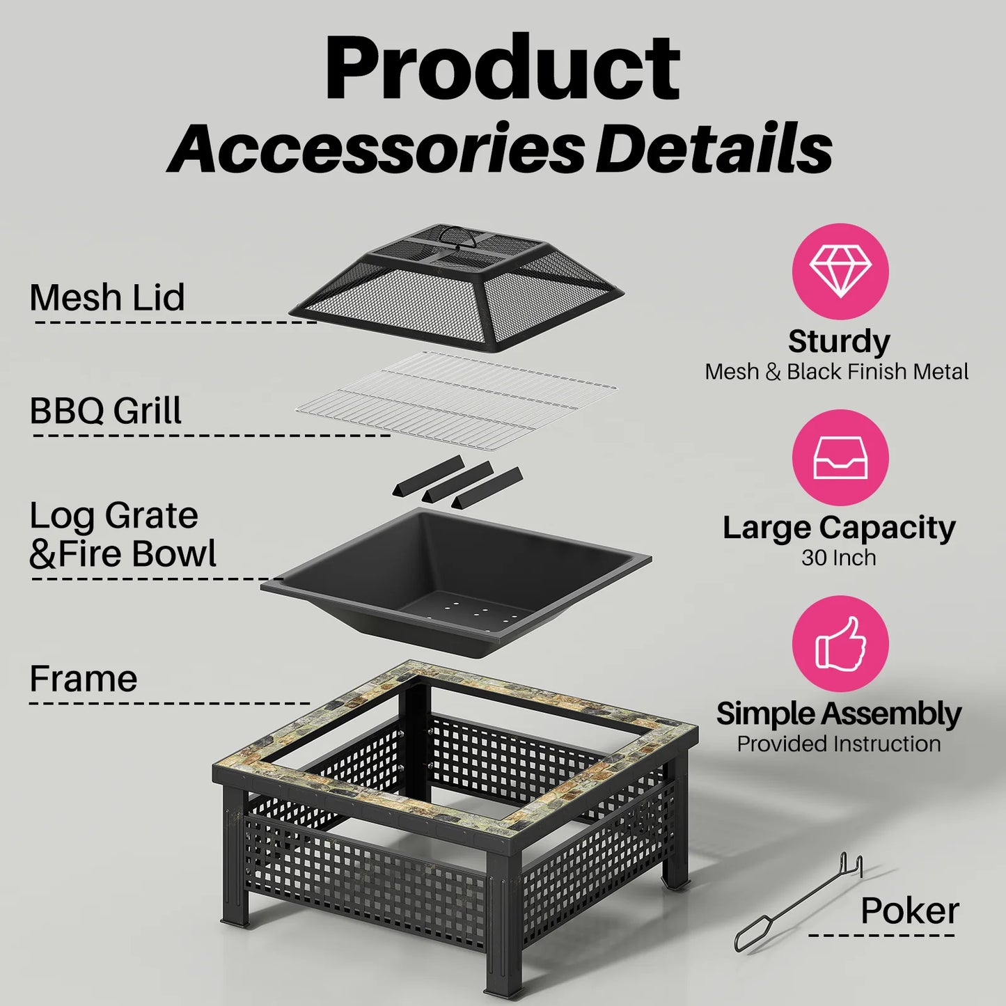 30 Inch Square Fire Pit Table with Mesh Lid and Fire Poker for Outdoor Use
