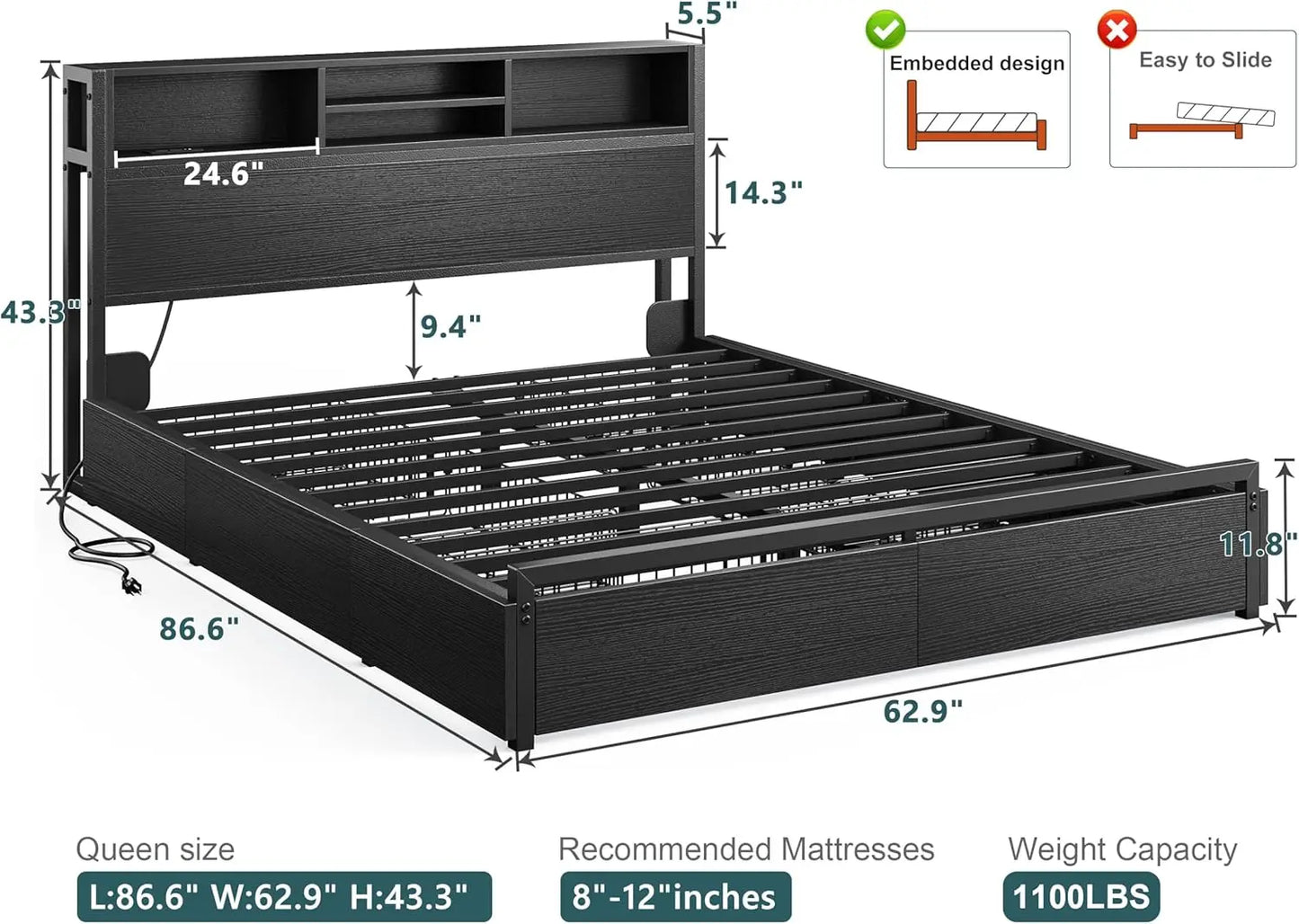 Bed Frame With 6 Storage Drawers And Charging Station