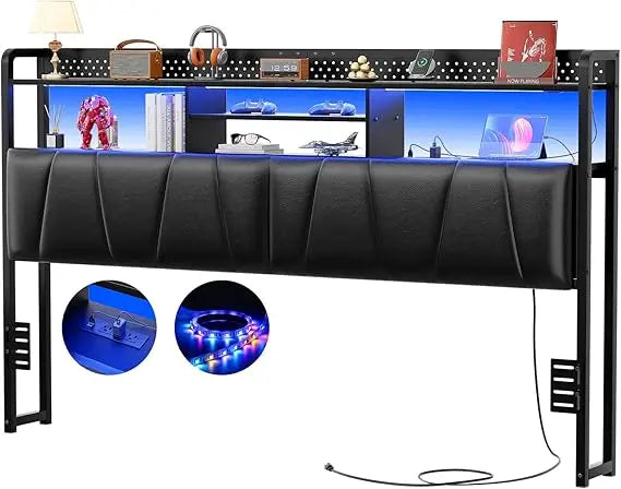 MKDK Bed Frame With Upholstered Headboard USB Outlets LED