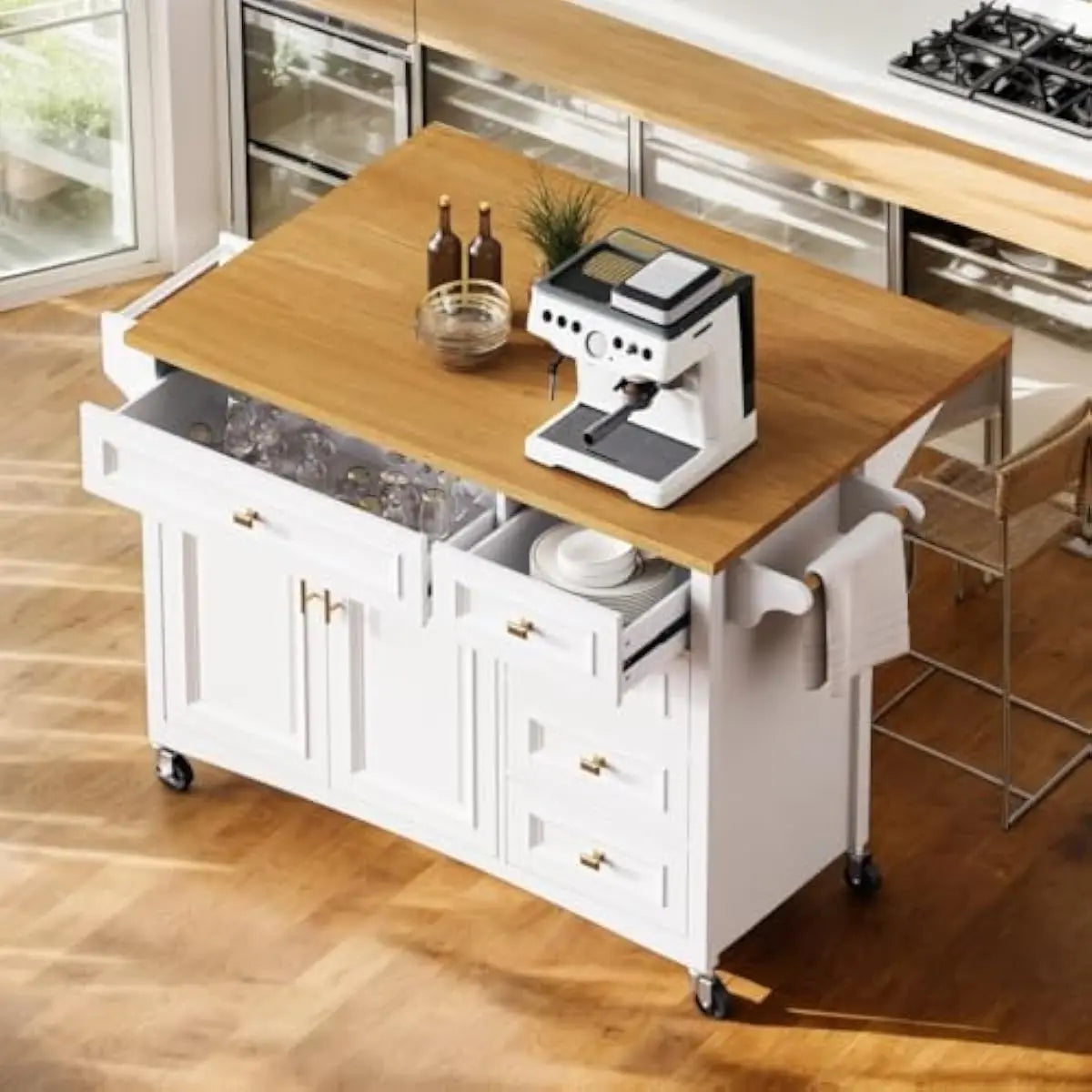 Mobile Kitchen Island With Drop Leaf Countertop, Drawer Storage