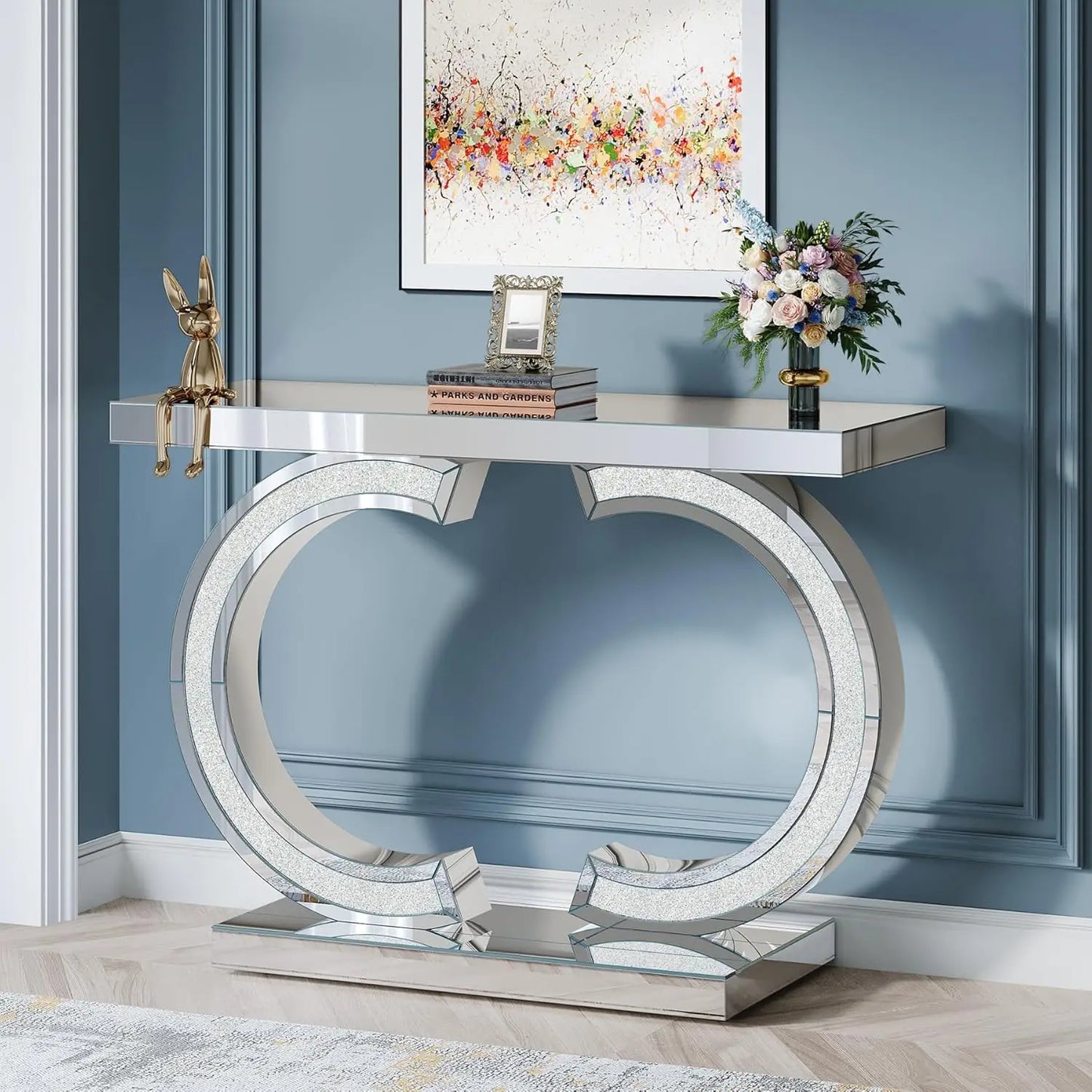 Modern Mirrored Console Table with O-Shaped Base for Entryway or Living Room
