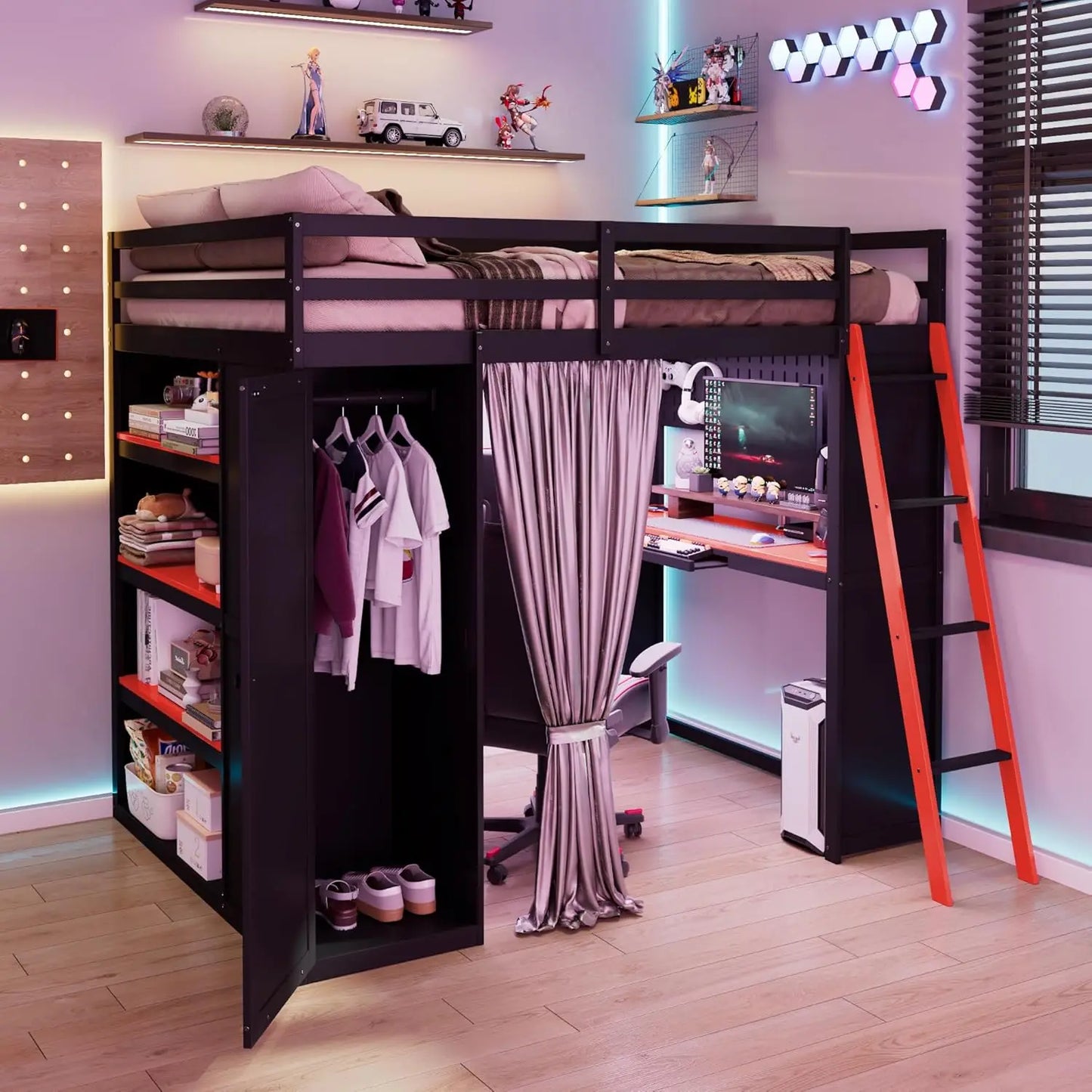 Wood Gaming Loft Bed With Desk Storage LED ChargingStation