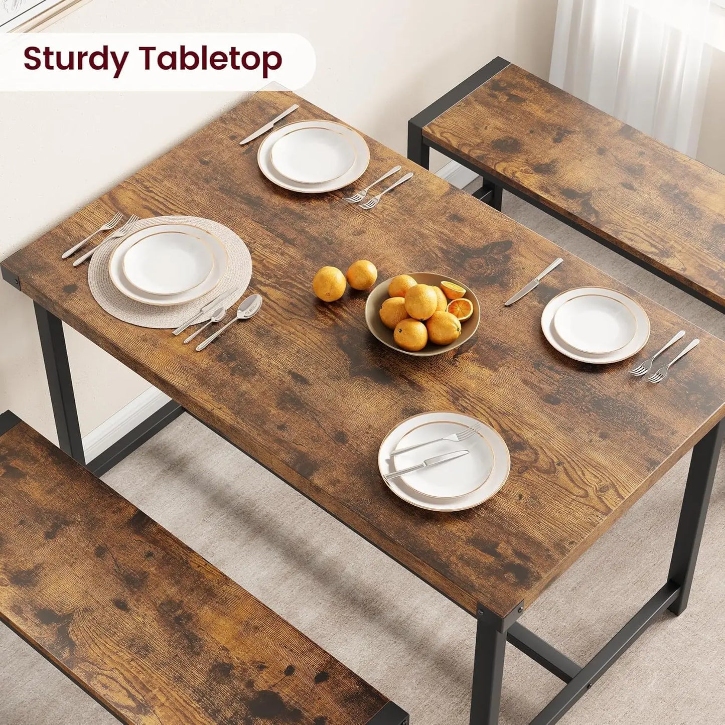 HiMISS Dining Table Set For 4 With Metalwood Benches