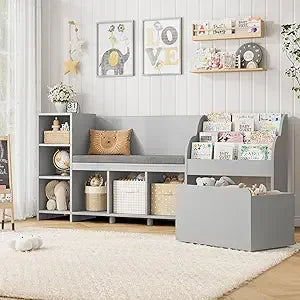 HOSTACK 67 Inch Kids Reading Nook with Bench Bookshelf and Storage Cubbies
