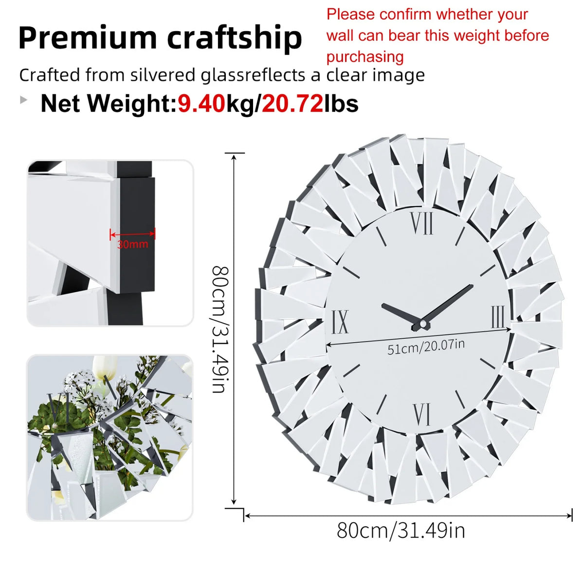 Round Mirrored Wall Clock With Silent Quartz Movement