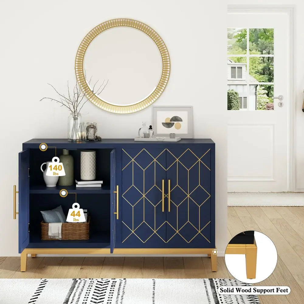 Accent Cabinet With Gold Trim Four Doors And Shelves