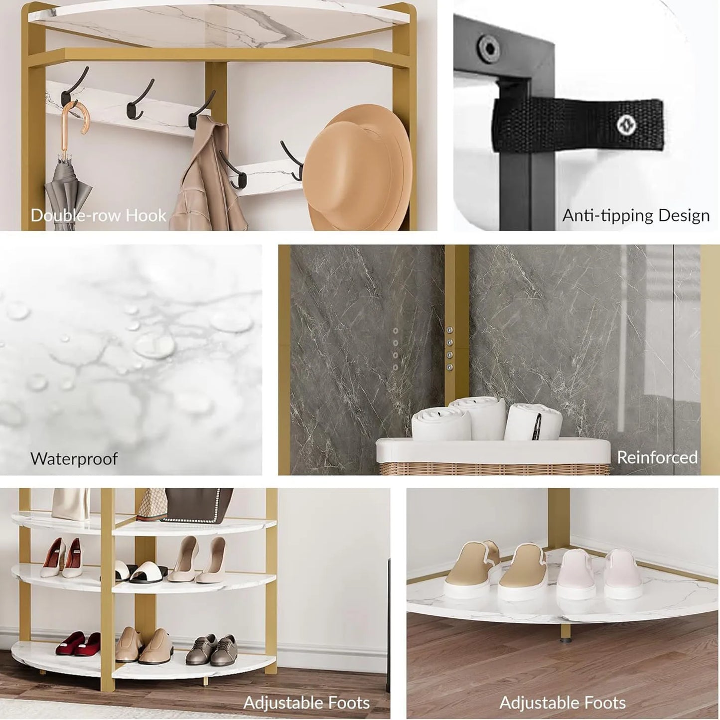 HiMISS Freestanding Coat Rack Stand With 6 Hooks Shelves