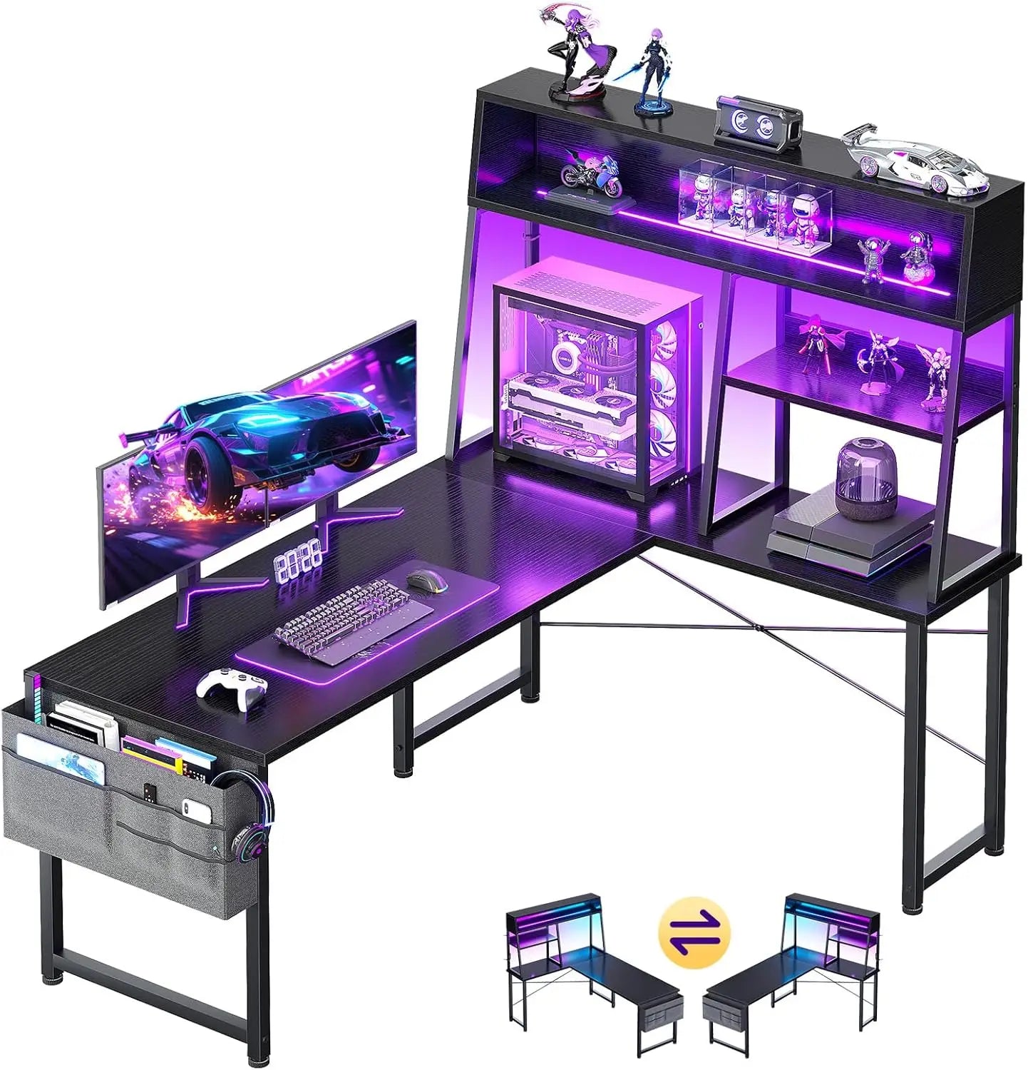L Shaped Gaming Desk With LED Lights And ShelvingRack