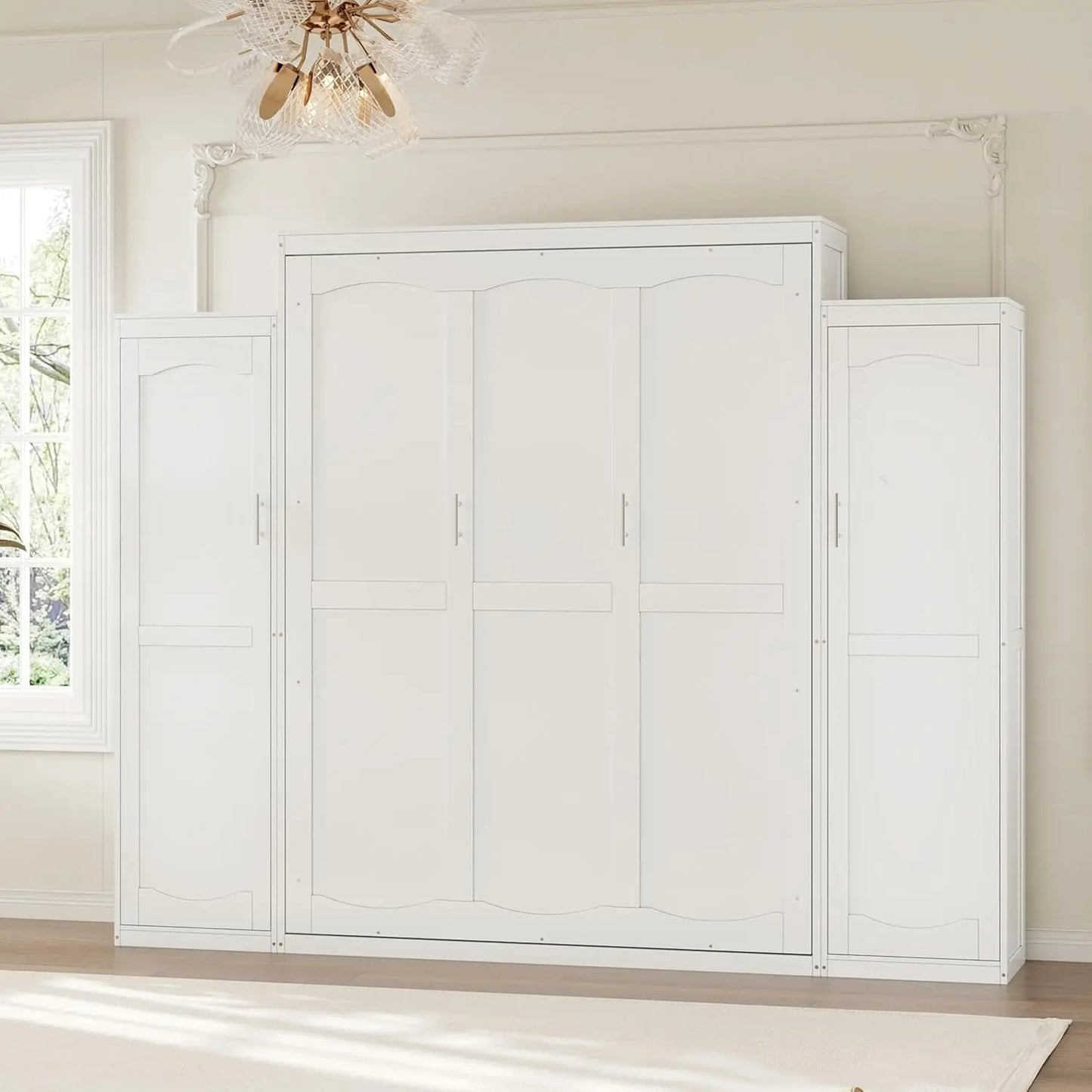 Wood Wall Murphy Bed With Two Closets And Shelving