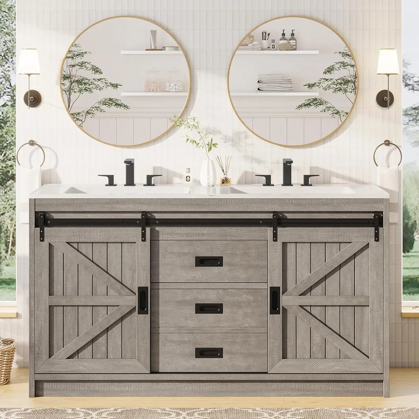 Double Vanity Sink Combo With Dual Basins Sliding Doors