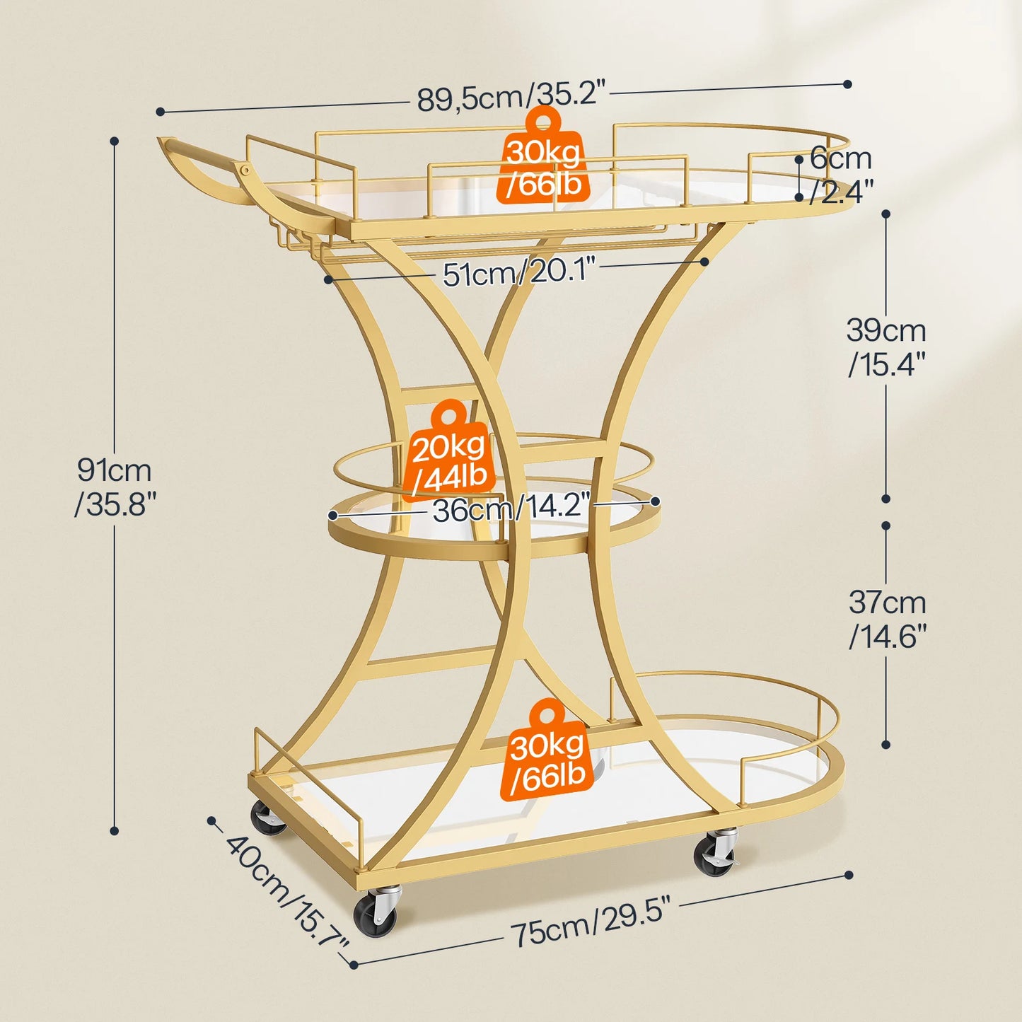 HOOBRO Bar Cart with Wheels and Tempered Glass Shelves