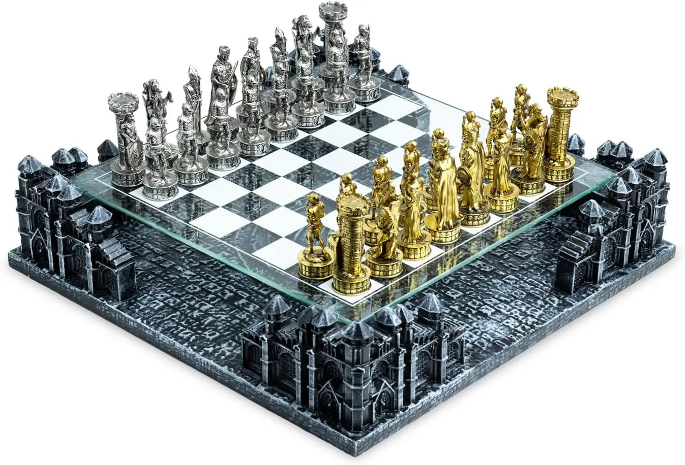 Renaissance Knight 3D Chess Set Glass Board Metal Pieces