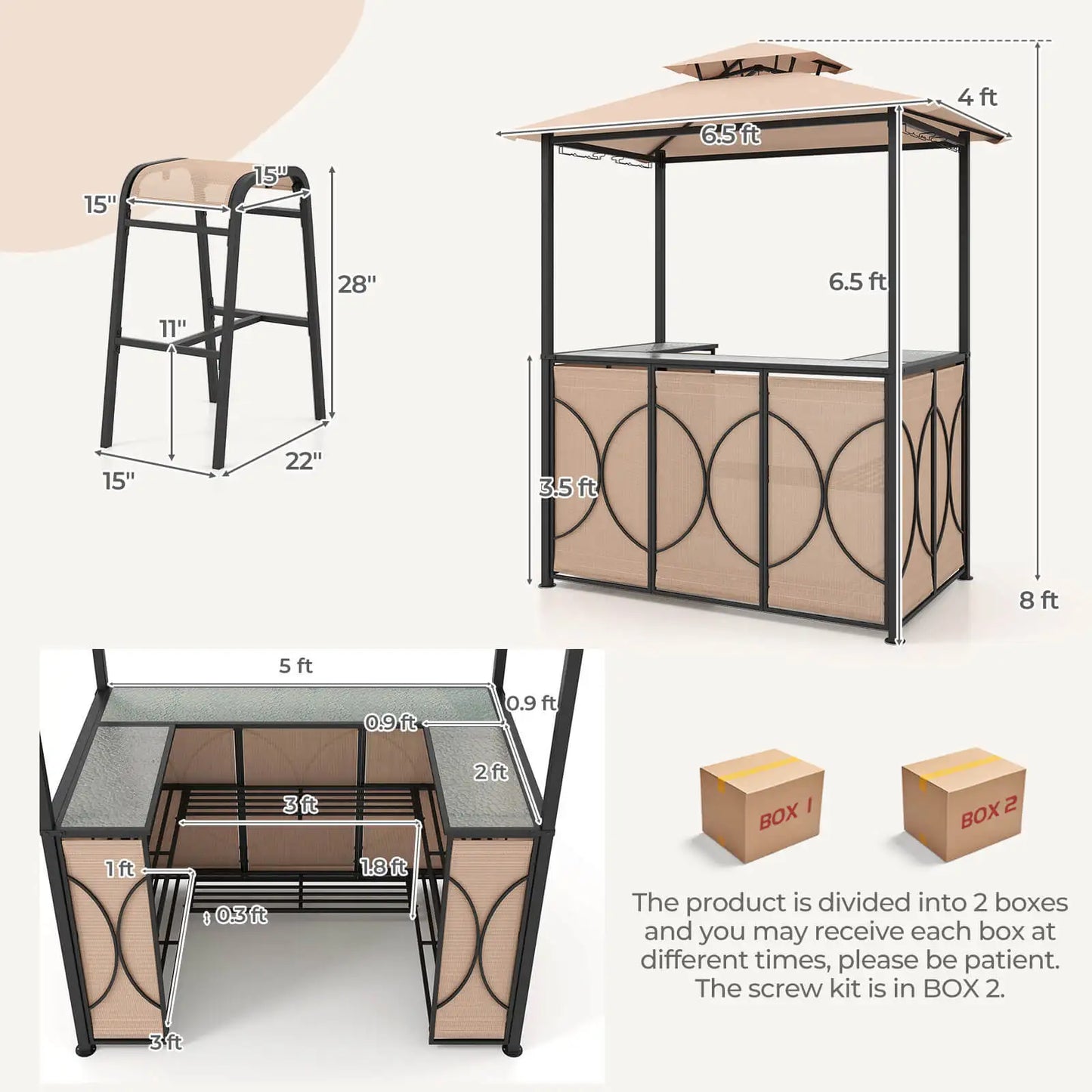 HOMASIS Patio Bar Set With Tempered Glass Table Outdoor