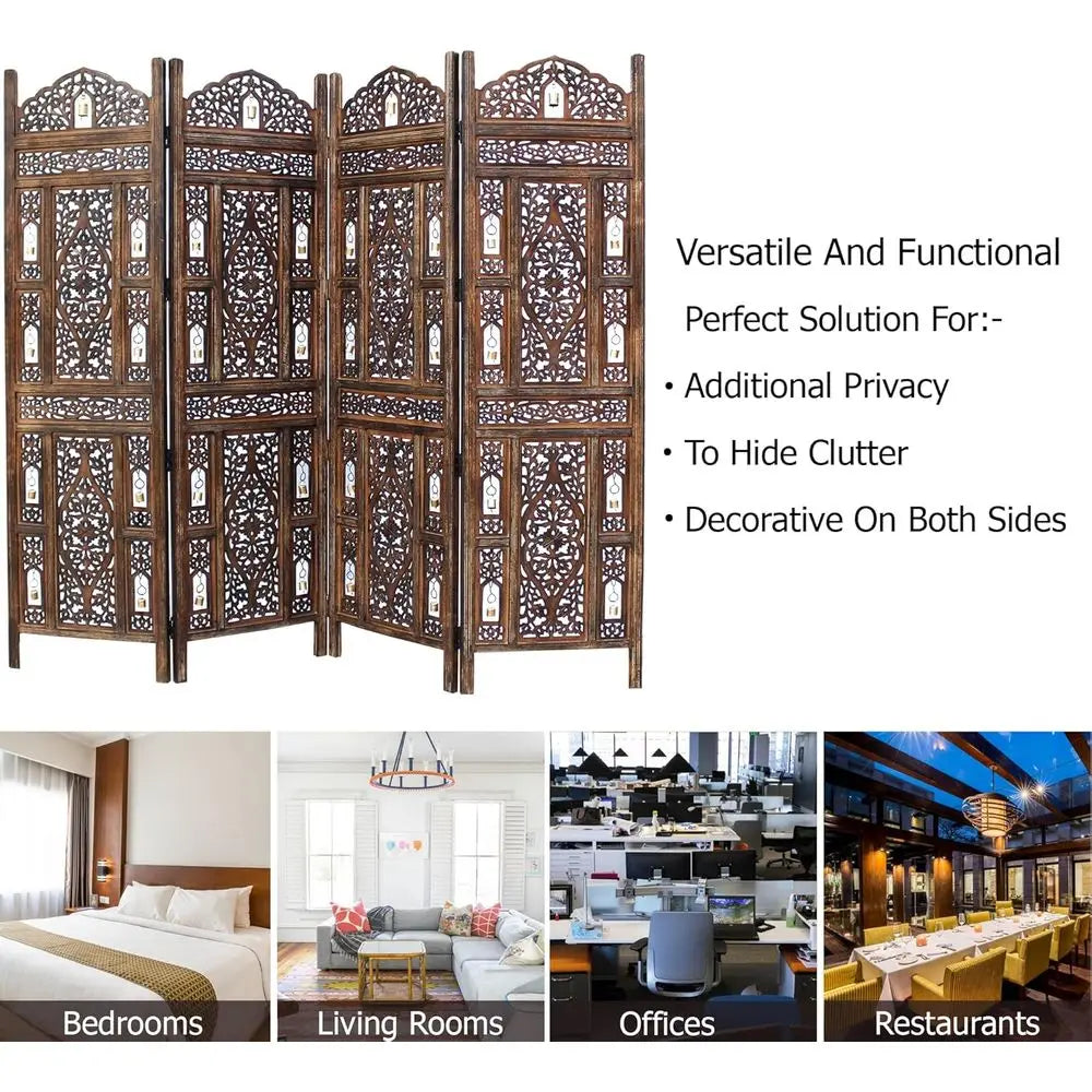 LuxeMerge Room Divider Wood Screen Ghanti Bells Four Panel