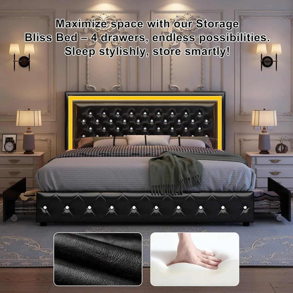 Bed Frame With LED Lighting And Stowaway Storage Drawers