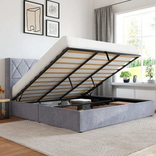 JHK Upholstered Lift Up Storage Bed Frame With Wingback Headboard