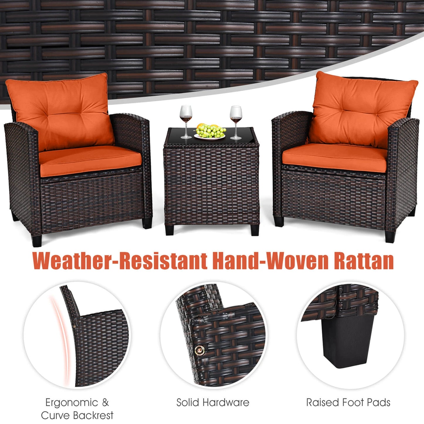 HOMASIS Patio Rattan 3Piece Cushioned Conversation Set