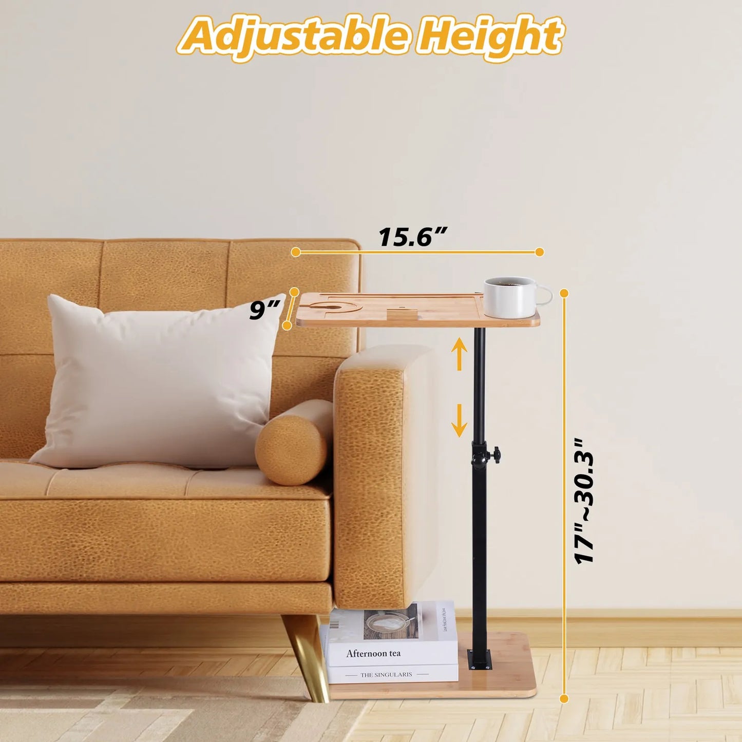 Adjustable Height Modern Sofa Side Table with Metal Frame and Wood Top