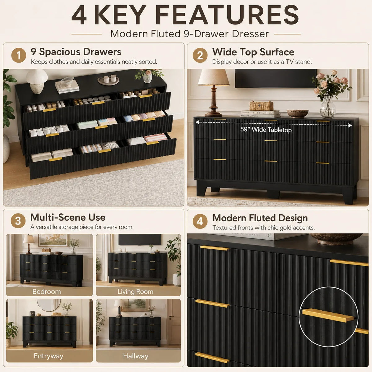Modern Wood Nine Drawer Dresser Storage Cabinet Furniture