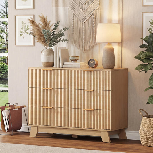 JHK Fluted Wooden Six Drawer Dresser Cabinet Storage Organizer