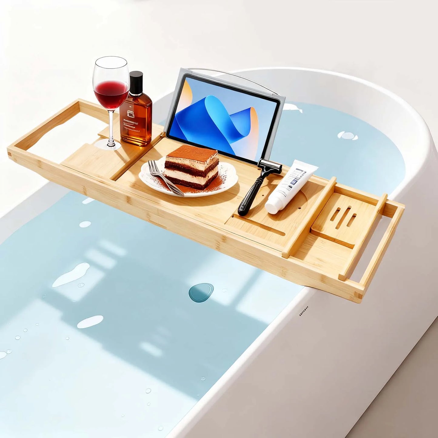 Bamboo Bathtub Caddy Tray Expandable Wooden Bath Rack
