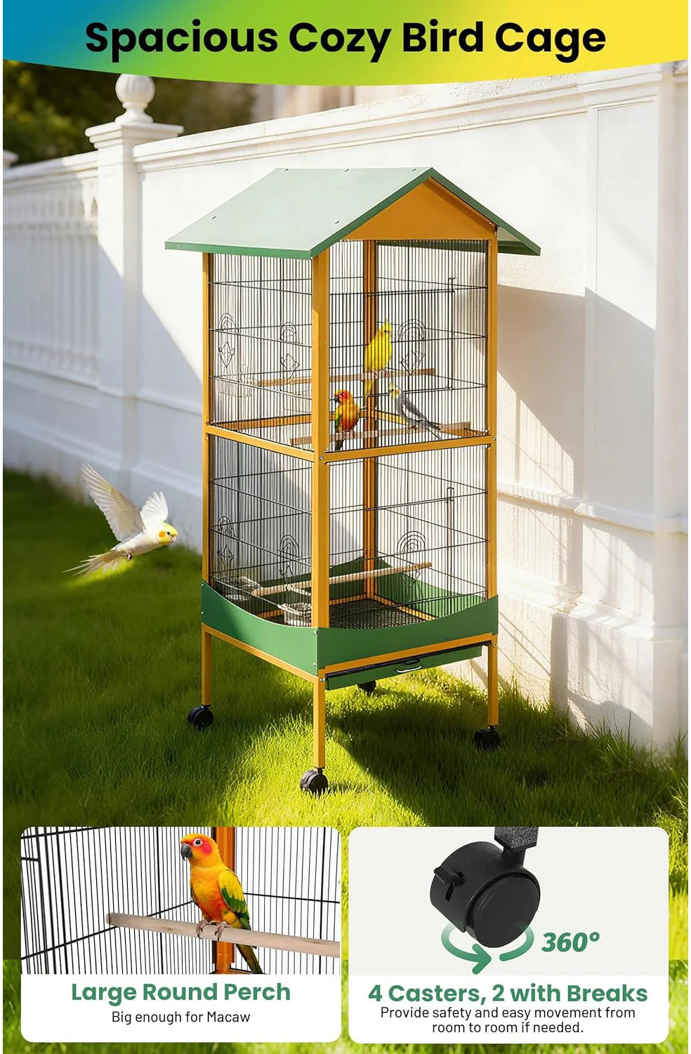 HiMISSCN Wrought Iron Parrot Cage Roller Play Center