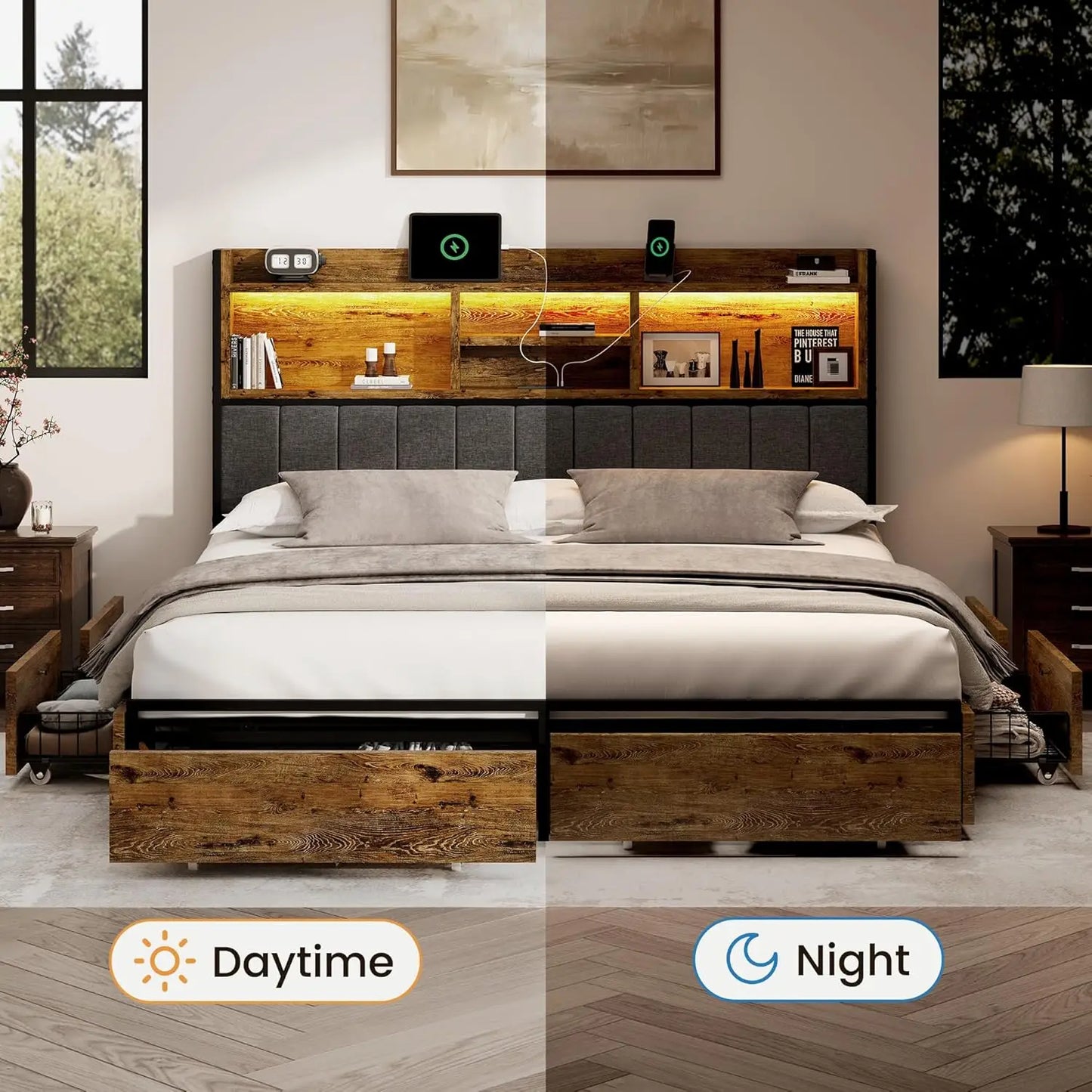 King Bed Frame With Six Drawers Linen Headboard USB