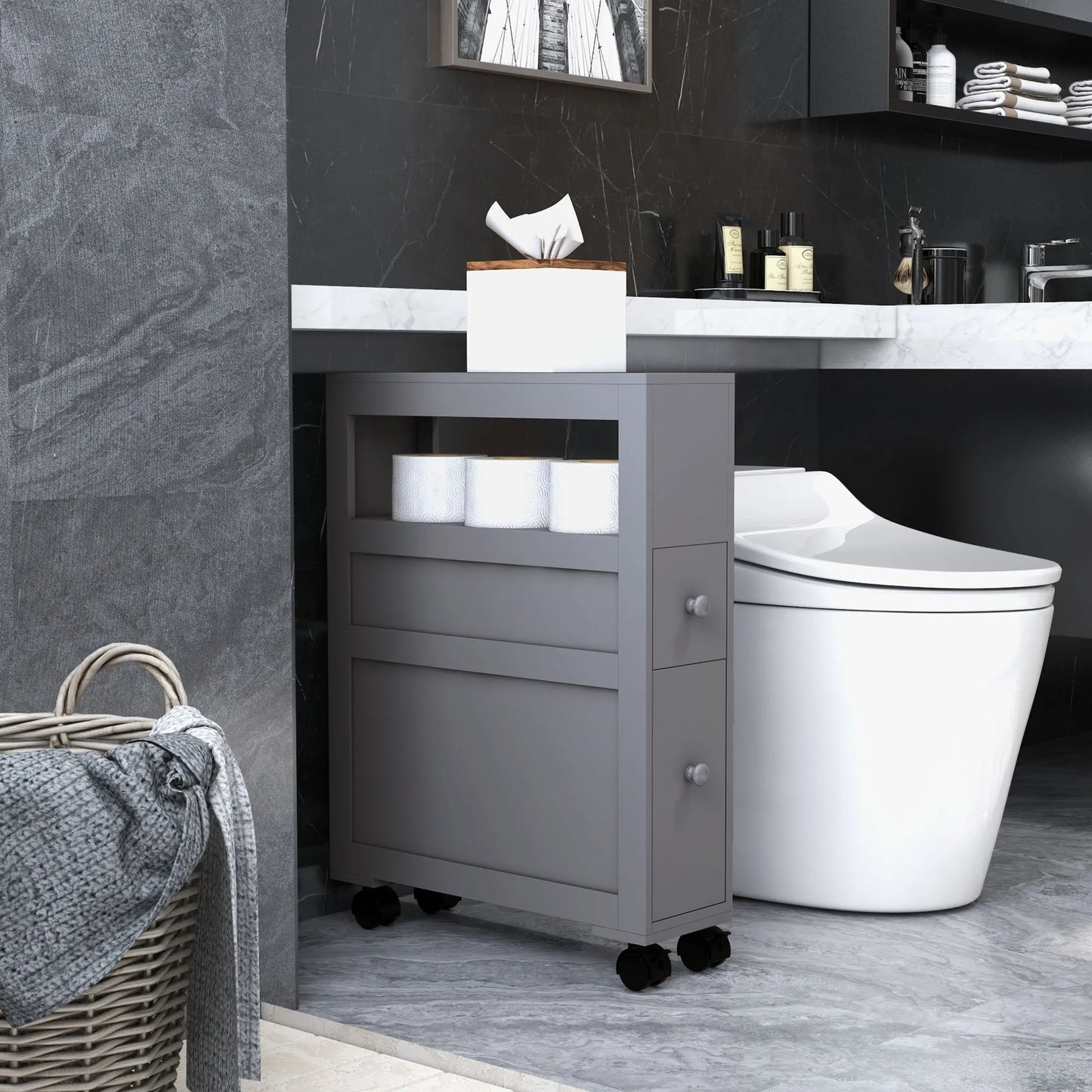 HOMCOM Wood Rolling Narrow Bathroom Storage Cabinet