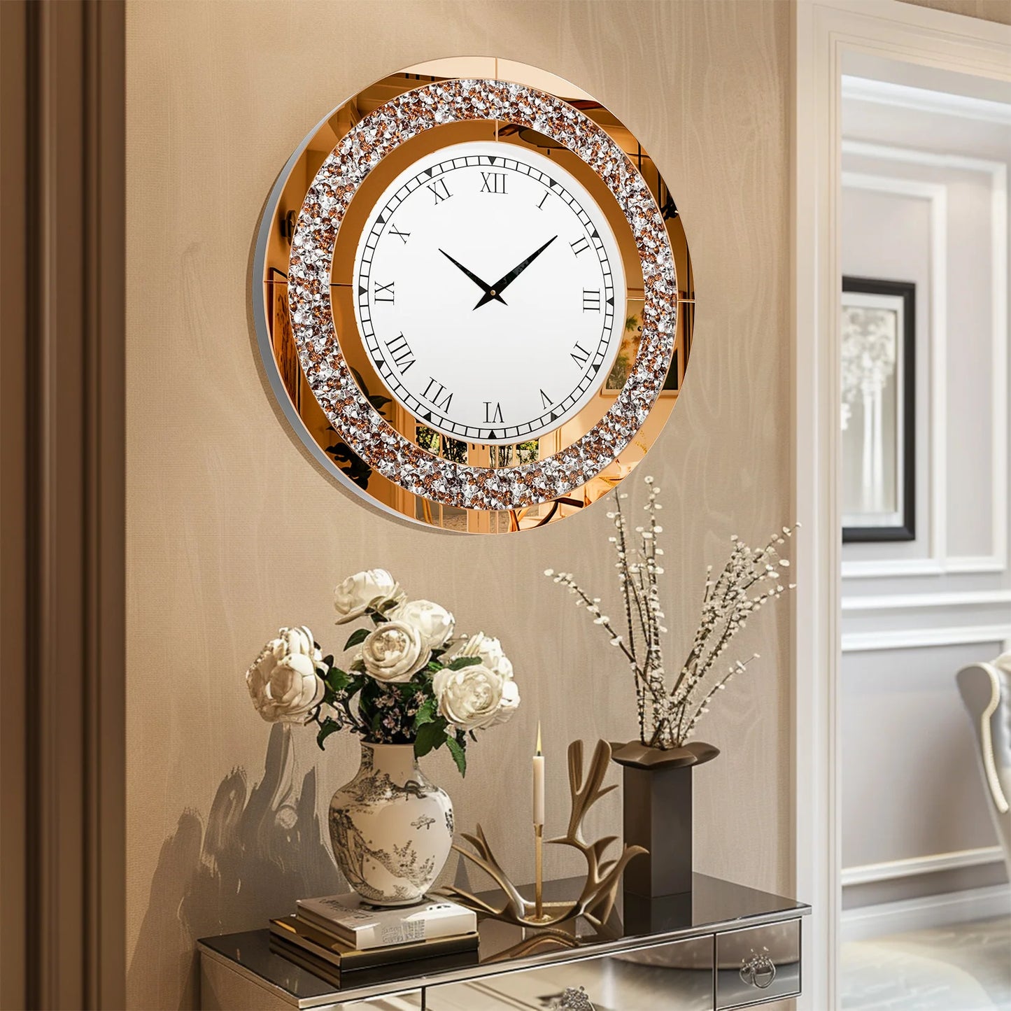 Round Mirror Wall Clock For Living Room Decor Elegant
