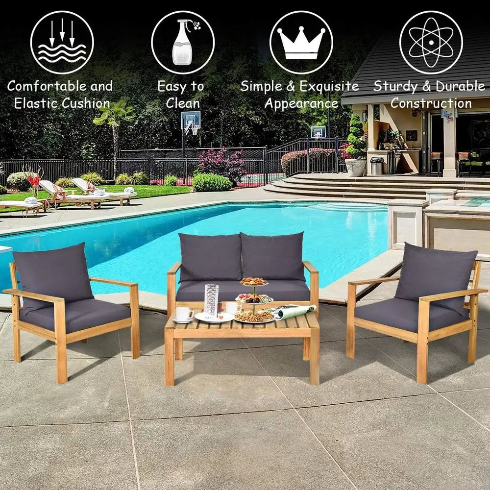 Luxury Outdoor Acacia Wood Patio Sofa Set With Table