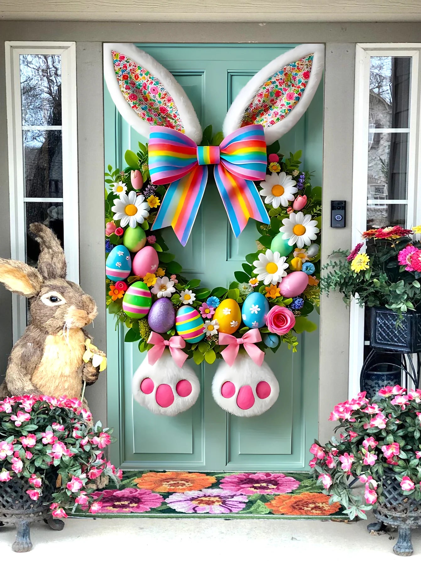 NONECN Easter Door Cover Plush Rabbit Wreath Banner