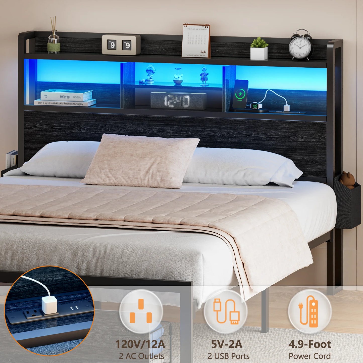Satifur Metal Bed Frame With Storage Drawers And LED